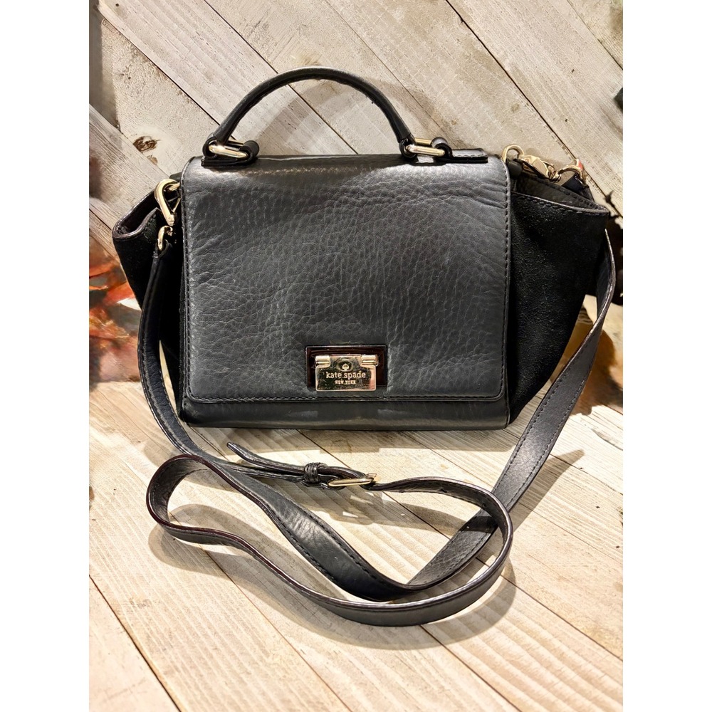 Kate Spade Black Pebbled Leather Suede‎ Trim Crossbody Bag Top Handle Satchel